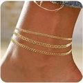 Close-up of golden multi-layered anklet set featuring flat link and cuban chain styles - Gold Three-Layer Cuban Chain Style (5)