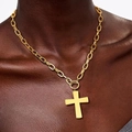 Chunky gold chain necklace featuring a large cross pendant on a dark-skinned model - Large Plane Cross Circle Clasp (Style 2) / Gold