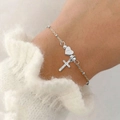 Bracelet à perles argenté avec croix en cristal et pendentif cœur gravé lettre A - Coeur Argenté Lettre A Croix en Strass