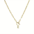 Gold paperclip chain necklace with a toggle clasp and a rhinestone initial E pendant - Letter K