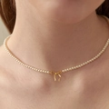 Collier élégant en perles de style français avec pendentif nœud doré chic - Or