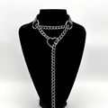 Punk heart choker necklace with silver-tone chain and black strap on a bust display - Black Leather Silver Heart Long Chain Style (款式二)