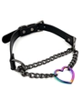 Punk black leather choker with rainbow heart pendant and double metallic chains - Black Leather Iridescent Heart Style (款式四)