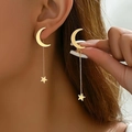 Elegant gold crescent moon and star pendant earrings with stylish dangling metal chains - Gold Moon Star Tassel Earrings ZJGE0694