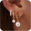 Set di tre orecchini a cerchio placcati oro con zirconi lucenti e eleganti perle bianche - Stile Set Orecchini con Perle (R-267)