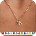 Collana placcata oro 14K con ciondolo lettera A e pietra portafortuna viola su catena - Lettera A / Pietra Ametista Viola (Stile 2)