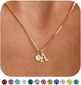 Collana placcata oro 14K con lettera A, pendente con diamante e 12 opzioni di pietre natali - Lettera A / Zirconia Chiara (Stile 4)