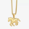 Detailopname van de gouden paard hanger met mat geborstelde textuur en een stevige boxketting - Alleen hanger