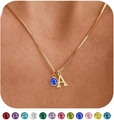 Collana placcata oro 14K con iniziale A e ciondolo pietra portafortuna blu da donna - Lettera A / Pietra Blu Zaffiro (Stile 9)