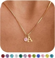 Collana placcata oro 14K con ciondolo lettera A e pietra portafortuna rosa su catena - Lettera A / Pietra Rosa Tormalina (Stile 10)