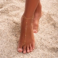 Tobillera de cuentas doradas de varias capas con cadena para el dedo en la playa - Estilo de Tobillera con Cuentas y Anillo (10A-03-18) / Dorado