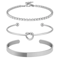 Three-piece silver stainless steel jewelry set with tennis bracelet and knot cuff - Three Items (Includes Tennis Chain / Knot Bangle / Smooth Bangle) / Silver