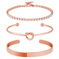Detail view of rose gold tennis bracelet with zircon, heart knot and flat open cuff set - Three Items (Includes Tennis Chain / Knot Bangle / Smooth Bangle) / Rose Gold