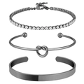 Close-up of black stainless steel jewelry set with tennis bracelet and heart knot bangle - Three Items (Includes Tennis Chain / Knot Bangle / Smooth Bangle) / Black