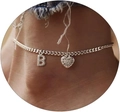 Silver Cuban link anklet featuring a CZ heart and sparkling letter B initial charm - Silver-Letter B