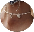Silver Cuban link anklet featuring a CZ heart and sparkling initial C letter charm - Silver-Letter C