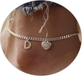 Silver Cuban link anklet featuring a CZ crystal heart and a letter D charm pendant - Silver-Letter D