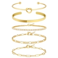 Σετ 5 χρυσά βραχιόλια με αλυσίδα τένις, συνδέσμους συνδετήρα και ανοιχτές χειροπέδες - Βραχιόλι Κόμπος Με Στυλ Αλυσίδας Τένις και Συνδετήρας (Στυλ 10)