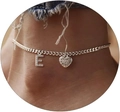 Silver Cuban link anklet with letter E charm and sparkling heart pendant on ankle - Silver-Letter E