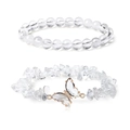 White crystal beaded bracelet set with clear stone shards and a butterfly charm - White Crystal Round Beads And Gravel Style / Transparent White