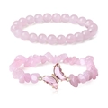 Pink natural stone bracelet set featuring a delicate crystal butterfly charm for women - Rose Quartz Round Beads And Gravel Style / Pink