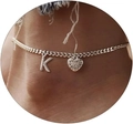 Silver letter K ankle bracelet with a heart charm and CZ stones on a Cuban chain - Silver-Letter K