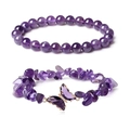 Purple amethyst bead and raw stone bracelet set with a butterfly charm for women - Amethyst Round Beads And Gravel Style / Purple