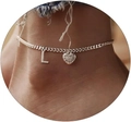 Silver personalized ankle bracelet featuring a sparkling letter L and heart charm - Silver-Letter L