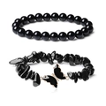Two-piece set of black natural stone bracelets with a crystal butterfly charm and beads - Black Agate Round Beads And Gravel Style / Black