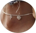 Silver Cuban chain anklet featuring a micro-pave CZ heart and initial P charm - Silver-Letter P