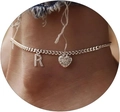 Silver letter R and CZ heart pendant anklet with Cuban chain for personalized style - Silver-Letter R