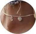 Silver ankle bracelet with CZ paved letter S and heart charm on Cuban link chain - Silver-Letter S