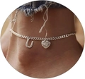 Silver curb chain anklet featuring a CZ heart charm and letter U initial pendant - Silver-Letter U