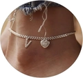 Silver Cuban link anklet featuring a CZ heart pendant and a sparkling letter V charm - Silver-Letter V