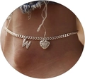 Silver curb chain anklet with crystal letter W and sparkling heart charm on ankle - Silver-Letter W