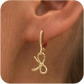 Close-up of golden huggie hoop earrings featuring a textured rope bow pendant for women - Twist Texture Bowknot Huggie (Style Three) / Gold