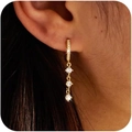 Gold plated drop earrings with sparkling cubic zirconia teardrop stones on model - Round Shape (Style 2 Gold)