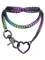 Iridescent oil slick Cuban chain necklace with heart ring and lobster clasp detail - AB Color