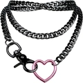 Close-up of black Cuban chain jewelry with a vibrant pink heart-shaped metal pendant - Black Chain Pink Heart