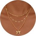 Dreilagige 14K vergoldete Halskette mit Paperclip-Kette und Schleifen-Anhänger - Schleife Dreilagiger Stil Gold