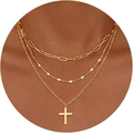 Dreilagige 14K vergoldete Halskette mit Paperclip-Kette und schlichtem Kreuzanhänger - Einfaches Kreuz Dreilagiger Stil Gold
