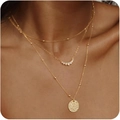 Three-layer gold plated layered necklace featuring zircon crescent and hammered disk pendants - Zirconia Leaf Round Disc 3-Layer Necklace / Gold