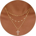 Dreilagige 14K vergoldete Paperclip-Kette mit einem Kreuzanhänger aus Zirkonia - Vollbesetztes Kreuz Dreilagiger Stil Gold