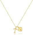 Collana placcata oro 14k con cuore 3D e ciondolo lettera T su catena a sfere - Lettera T
