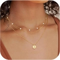 Collier doré à trois rangs avec perles blanches et pendentif pièce lettre A pour femme - Lettre A / Or