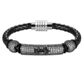 Braided black leather bracelet with silver magnetic clasp and anchor charm detail - 19cm / Black