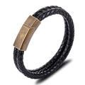 Punk style double-layer braided leather bracelet with vintage bronze magnetic steel clasp - Black / 19cm