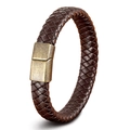 Retro dark brown braided leather bracelet with vintage brass metal magnetic clasp - 19cm / Gold Clasp Brown Leather