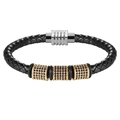 Gevlochten zwarte leren herenarmband met drie gouden kralen en een zilveren sluiting - Maat S / Goud