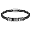 Modieuze herenarmband van gevlochten zwart leer met zilveren metalen delen en een magneetsluiting - Maat S / Staalkleur